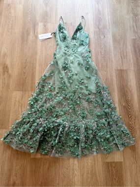 helsi vanessa green 3d floral applique embroidered deep v-neck maxi gown dress
